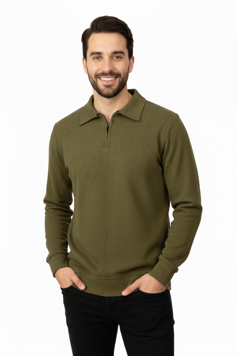 Erkek Kışlık Kazak Pamuklu Dokuma Yarım Fermuarlı Polo Yaka Uzun Kollu Düz Renk Rahat Kesim